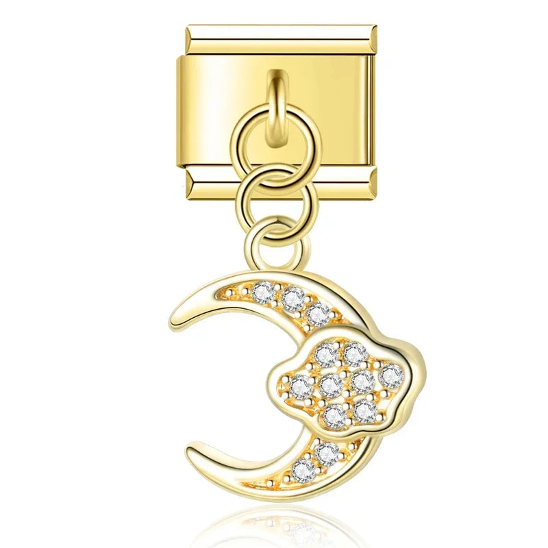 Moon Charm Stainless Steel Bracelet Link with CZ Accents