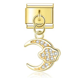 Moon Charm Stainless Steel Bracelet Link with CZ Accents