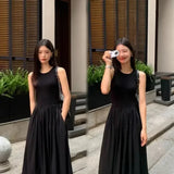 Women's Sleeveless High-Waist Maxi Dress - Elegant Black A-Line Summer Dress