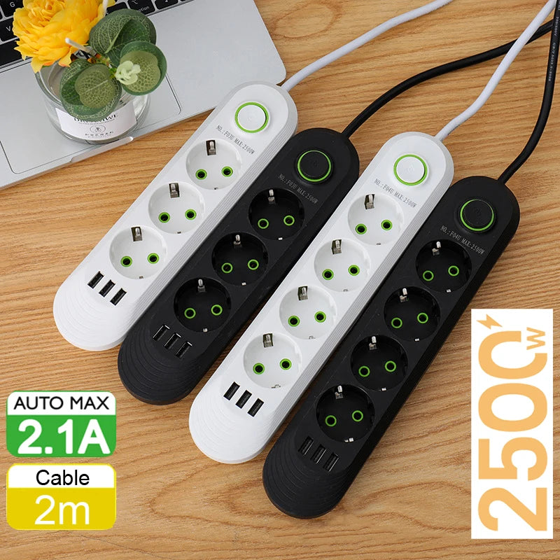 Regleta de enchufes de la UE con 3 puertos USB, cable de extensión, enchufe, filtro de red, clavija redonda, toma de CA, adaptador de carga eléctrica de 2500 W