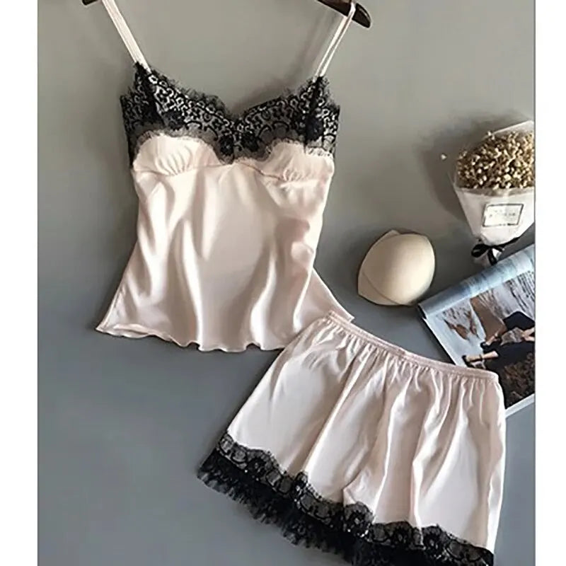 Conjunto de pijama para mujer, moda, escote en V, satén elástico, babydoll, encaje, lencería sexy, pijama con lazo, pantalones cortos para dormir, ropa de dormir nueva