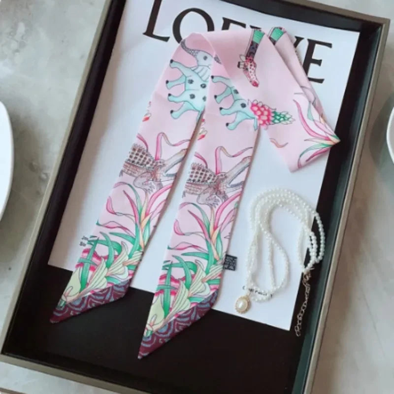 Elegant Twill Silk Ribbon Scarf – Elephant Print Long Hair & Bag Accessory