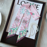 Elegant Twill Silk Ribbon Scarf – Elephant Print Long Hair & Bag Accessory