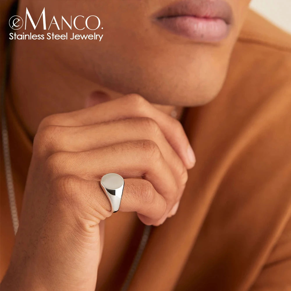 Anillo minimalista de acero inoxidable redondo y grueso para mujer: anillo de sello estilo punk con iniciales talladas