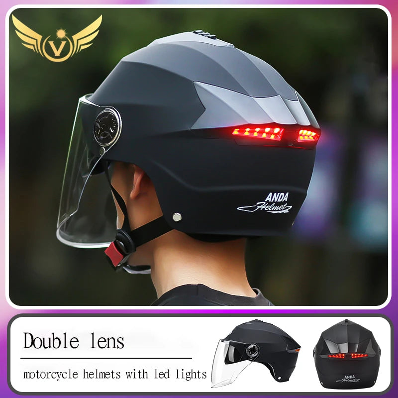 LED Motorcycle Helmet with Double Visor - Rechargeable Bike Helmet for Men & Women
