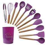 Juego de utensilios de cocina de silicona de 12 piezas: herramientas de cocina antiadherentes y resistentes al calor con mangos de madera