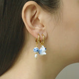 Blue Floral Pearl Dangle Earrings - Asymmetric Ceramic Bead Huggie Hoops