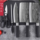 Juego de cuchillos de cocina de Damasco con láser | Cuchillo de chef de acero inoxidable, tijeras y varilla de afilar