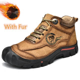 Men’s Winter Leather Ankle Boots – Lace-Up Cowhide Boots with Plush Lining for Cold Weather