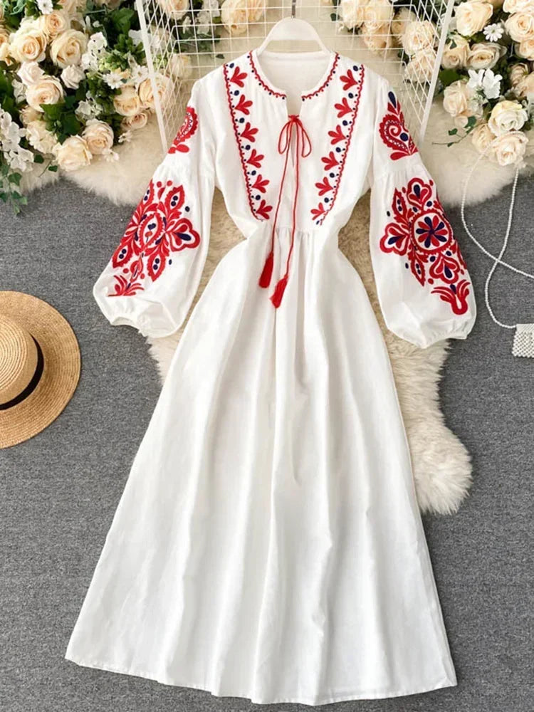 Bohemian Embroidered Floral Dress – Lantern Sleeve, High Waist, Mid-Calf Length