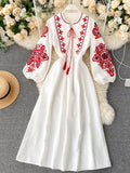 Bohemian Embroidered Floral Dress – Lantern Sleeve, High Waist, Mid-Calf Length