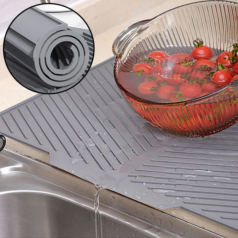 Silicone Draining Board Mat - Foldable Dish Drying Pad with Raised Edges for Kitchen Countertops