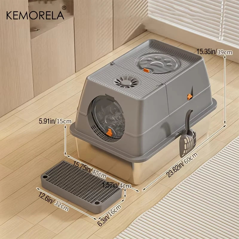 Caja de arena para gatos cerrada de acero inoxidable XL: diseño de doble entrada con pala para una limpieza fácil