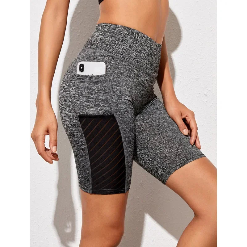Women's High-Waist Mesh Pocket Yoga Shorts for Fitness & Running