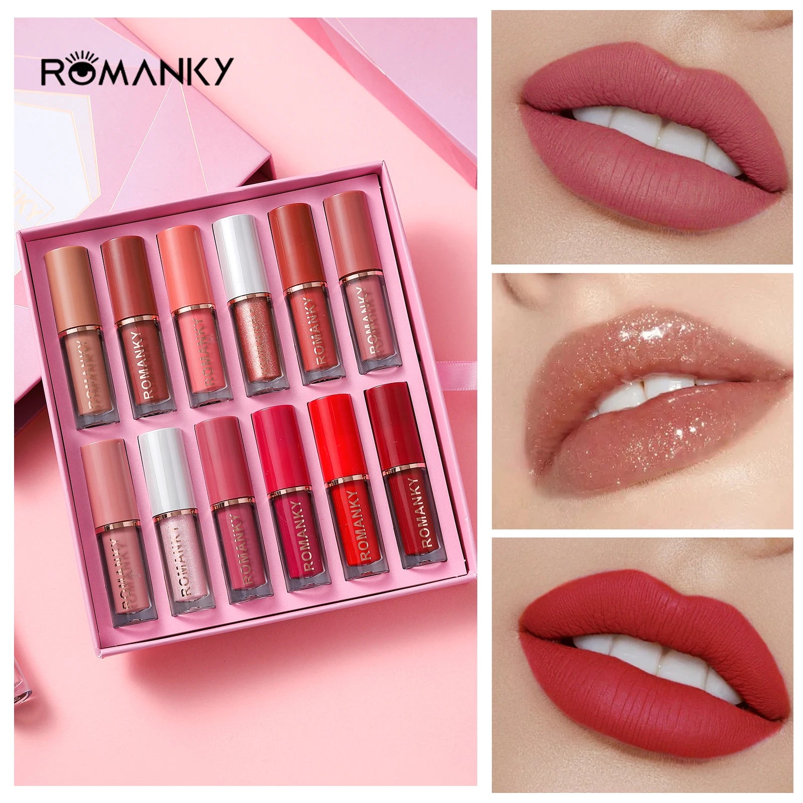 Juego de brillo labial de larga duración y alto brillo: colección de 12 piezas