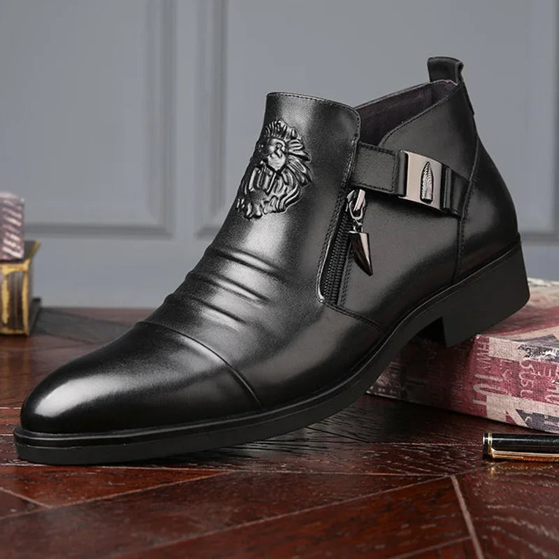 Men’s Zip-Up Punk Chelsea Boots – Pointed Toe PU Leather Ankle Boots for Spring & Autumn