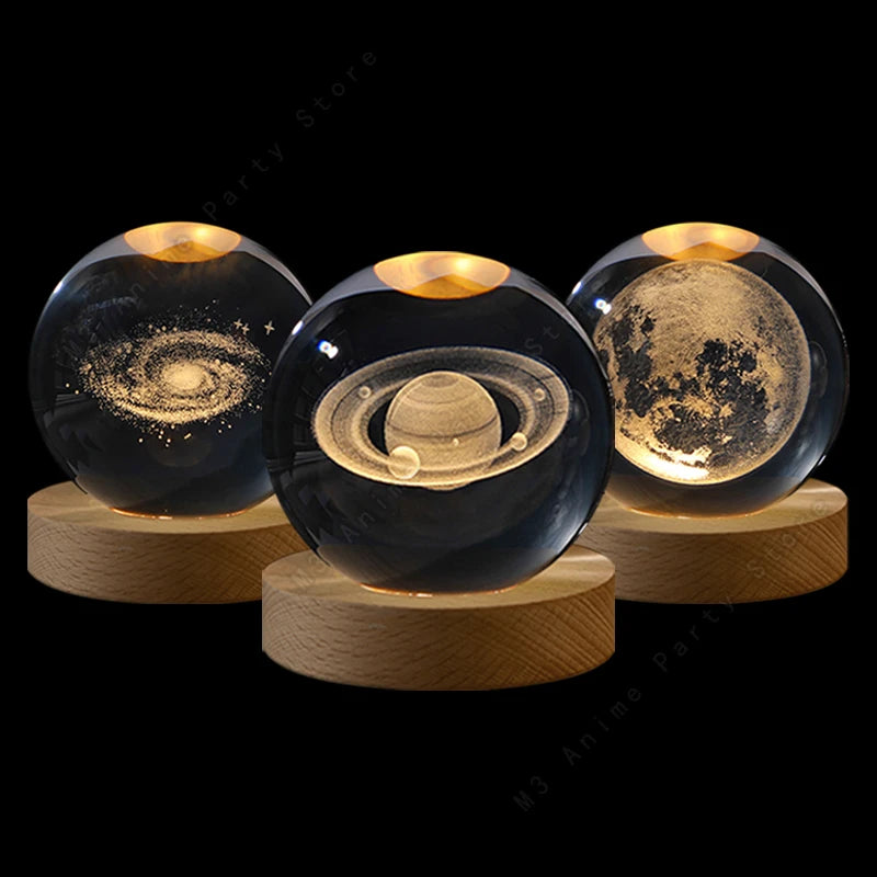 3D Galaxy Crystal Ball Night Light – USB Powered LED Planet Lamp with Wooden Base