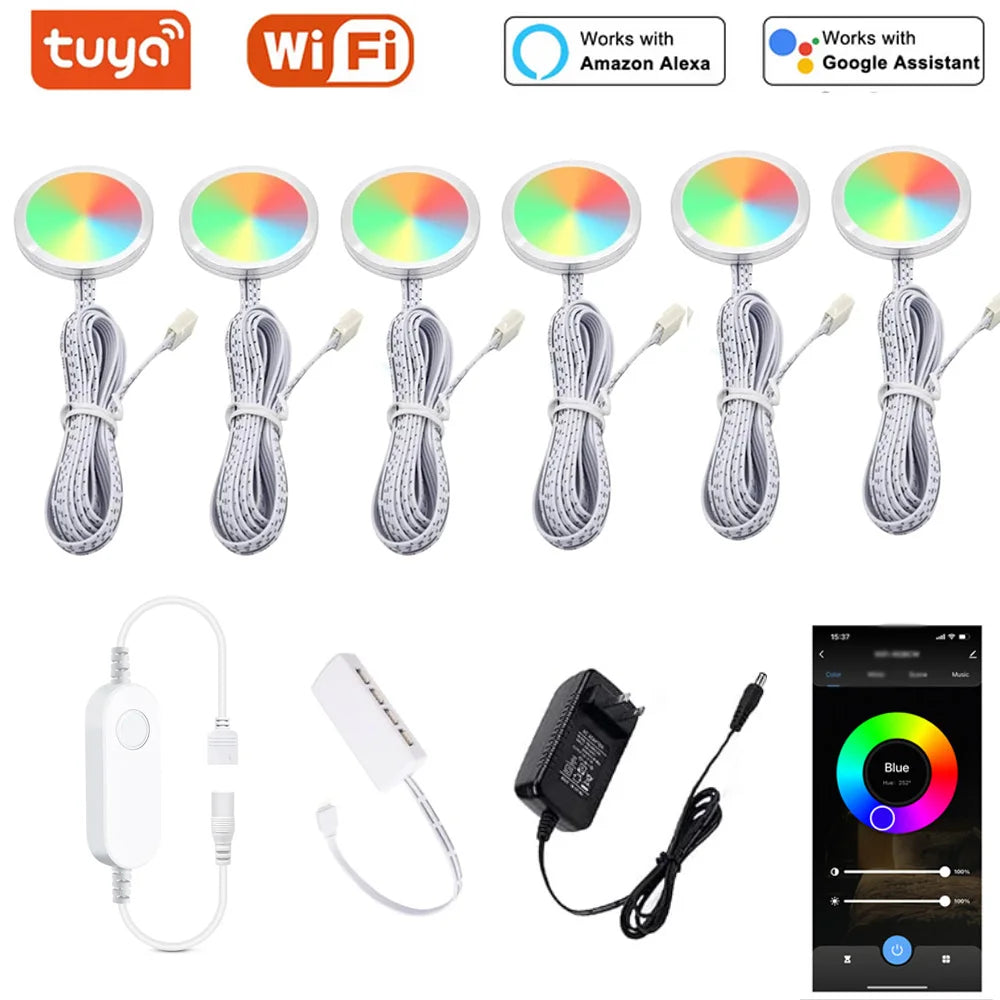 DC12V Tuya WiFi RGB LED Under Cabinet Light – Dimmable Puck Lights for Smart Home Decor