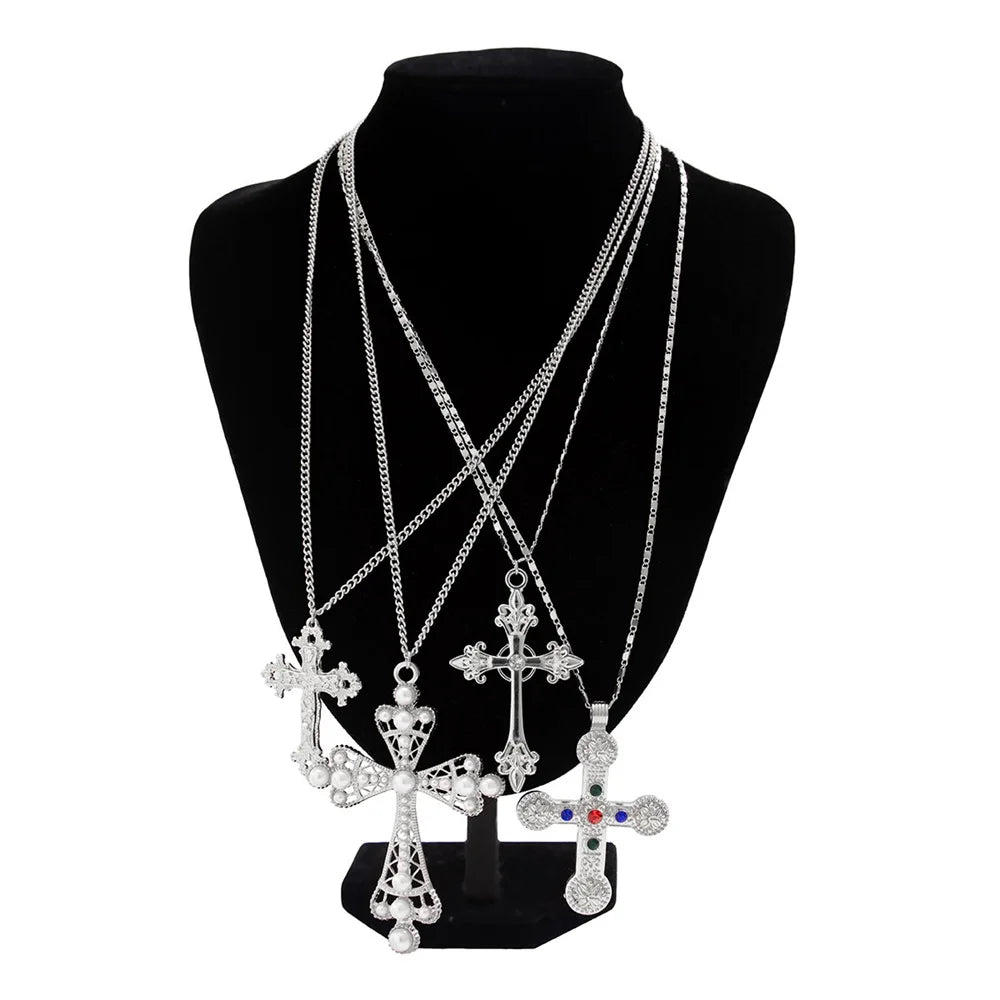 4-Piece Zircon Cross Pendant Necklace Set – Adjustable Gold Chains for Layering
