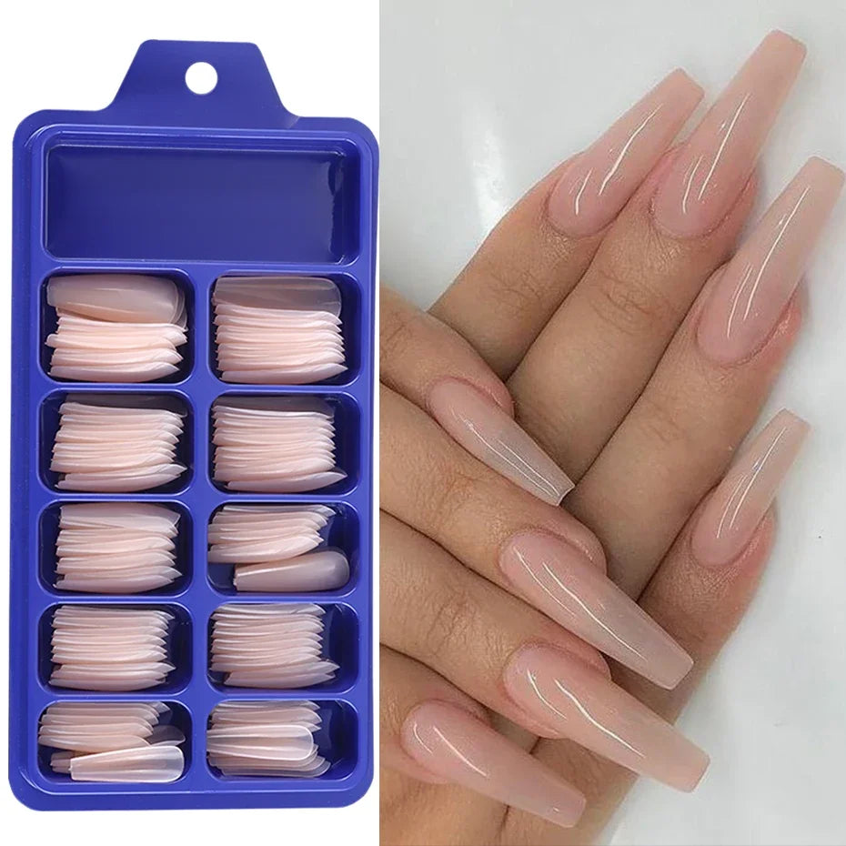 100 uñas postizas de color rosa nude con diseño de ataúd | Puntas de uñas acrílicas de cobertura total