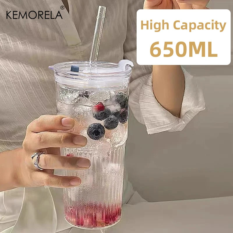 Vaso de vidrio a rayas con tapa y pajita: elegante vaso transparente para beber jugo, agua y café helado