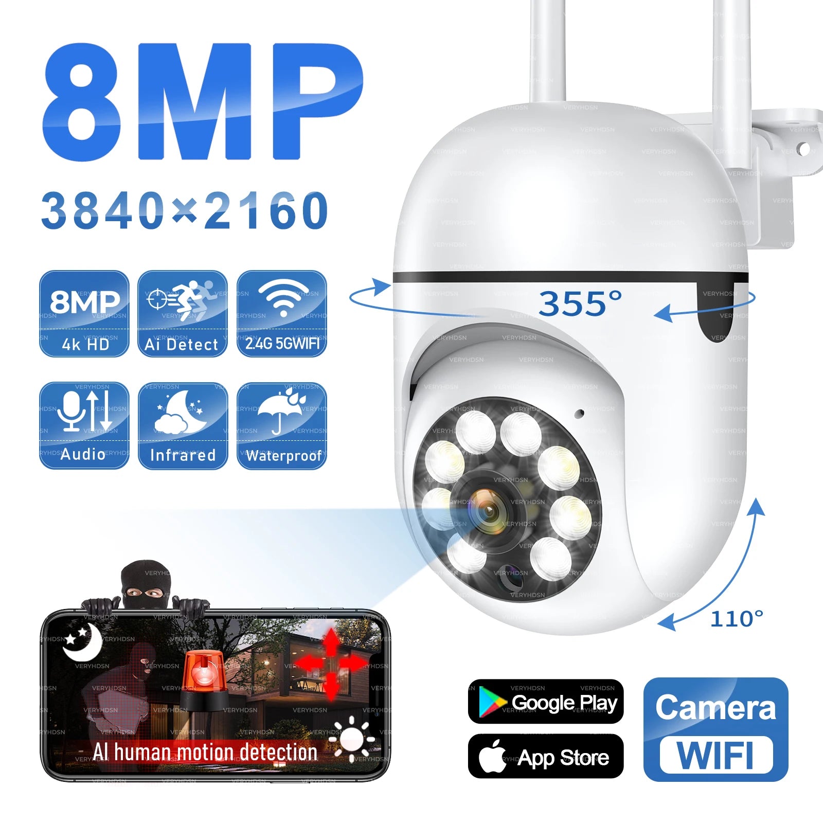 8MP WiFi Outdoor Security Camera with AI Human Tracking & Two-Way Audio