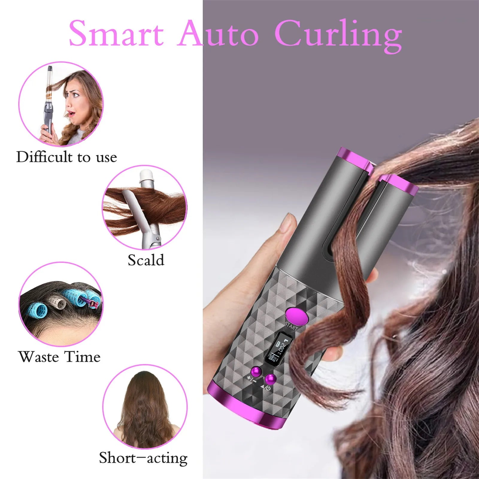 Cordless Automatic Hair Curler with Adjustable Temperature & LCD Display