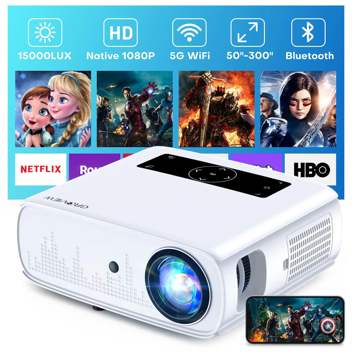 Full HD 1080P WiFi Bluetooth Projector with 300" Display and Built-in Speakers