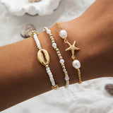 Bohemian Shell and Pearl Bracelet Set – 3-Piece Summer Starfish Charm Beaded Chain Jewelry for Women