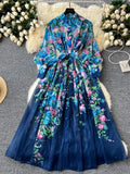 Women's Flowy Chiffon Maxi Dress with Lantern Sleeves & Floral Print