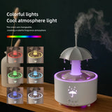 Humidificador con forma de paraguas giratorio y gotas de agua: niebla silenciosa, aromaterapia y luz nocturna colorida