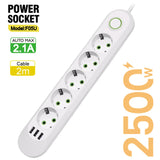 EU Plug Power Strip – 3 USB Ports, 2500W Capacity with Extension Cord
