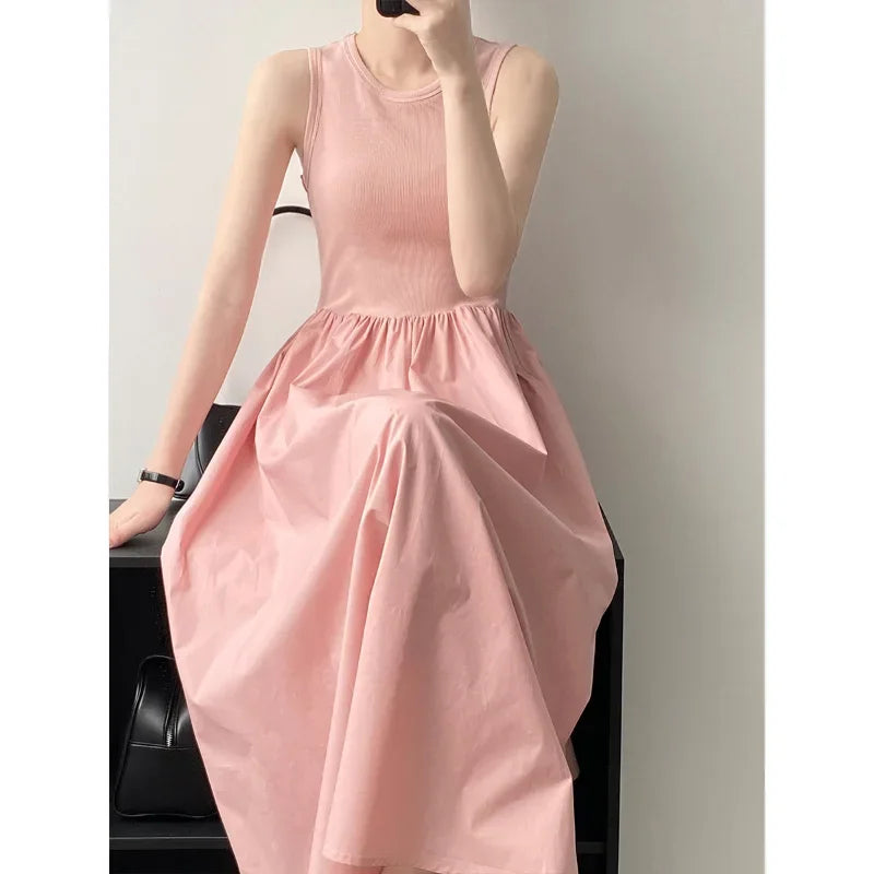 Women's Knit Maxi Vest Dress - Slim Fit Sleeveless Tank Dress in Pink & Black