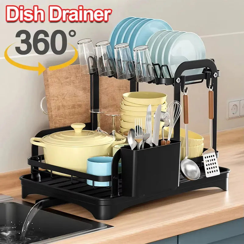 Estante de almacenamiento de cocina de doble capa giratorio de 360°, estante de secado y drenaje para vajilla