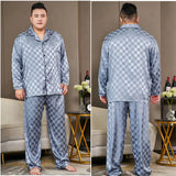 Men’s Luxury Plaid Pajama Set - Full Sleeve, Elastic Waist, Cool Ice Silk Satin Sleepwear for Spring & Summer