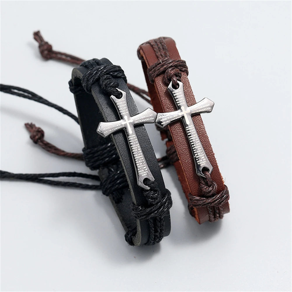 Pulsera de cuero con cruz punk retro: regalo de joyería cristiana ajustable