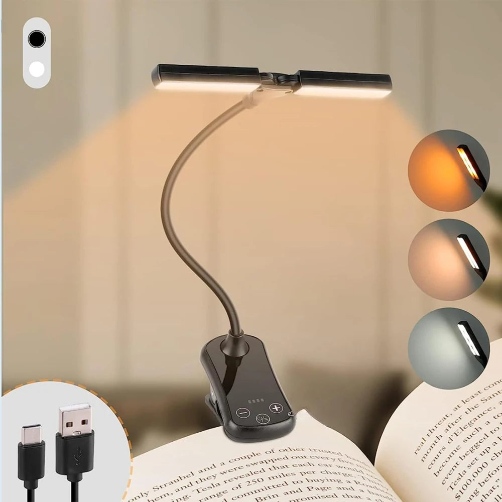 Rechargeable LED Reading Light with 3 Colors & 8 Brightness Levels - Dual Head Clip-On Book Light
