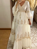 Floral Lace V-Neck Maxi Dress for Women - Fall Long-Sleeve A-Line Elegant