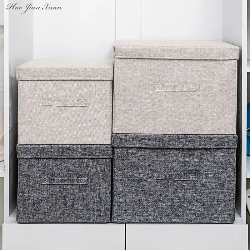 Caja de almacenamiento plegable de lino y algodón: organizador multiusos con tapa