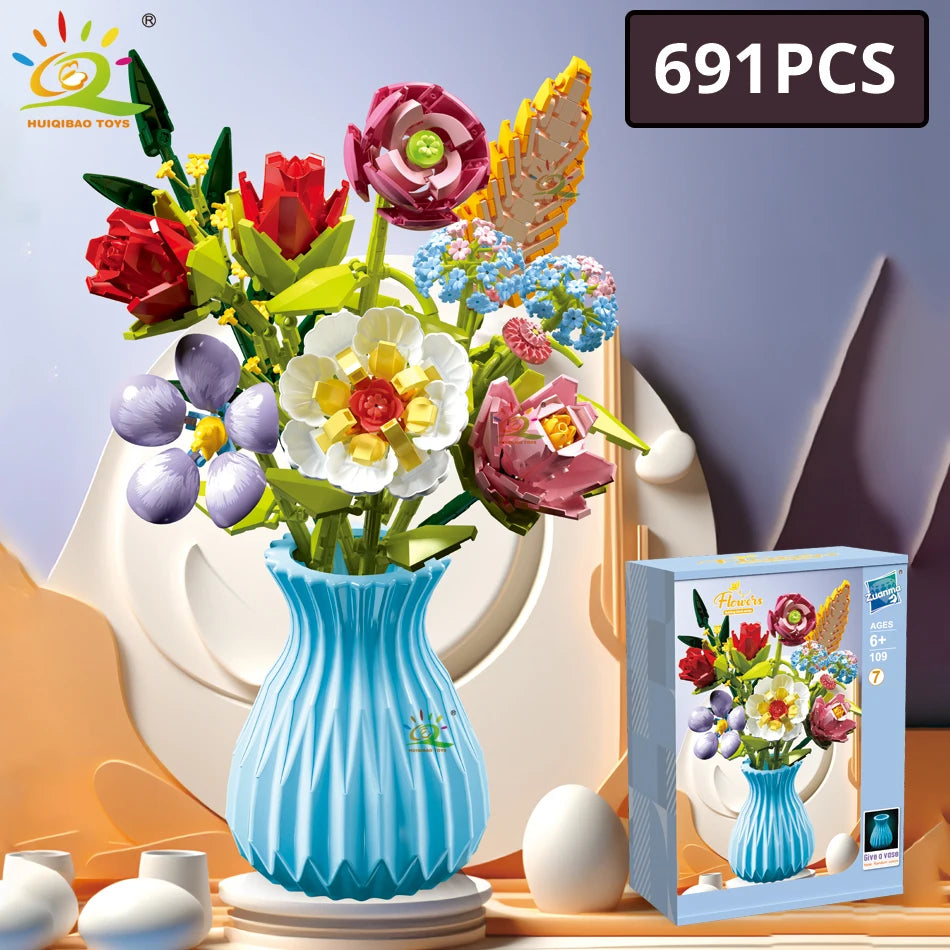3D Flower Building Blocks – Sunflower & Rose Bouquet Bricks Kit for DIY Home Decor, Educational Toys for Kids and Adults