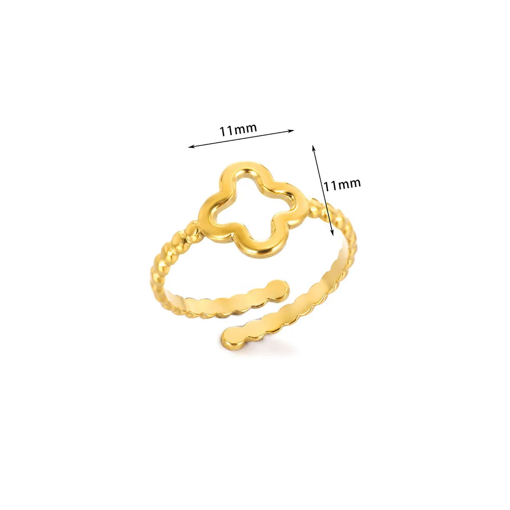 Minimalist Four-Leaf Clover Stainless Steel Open Ring – Elegant Gold-Tone Jewelry for Women