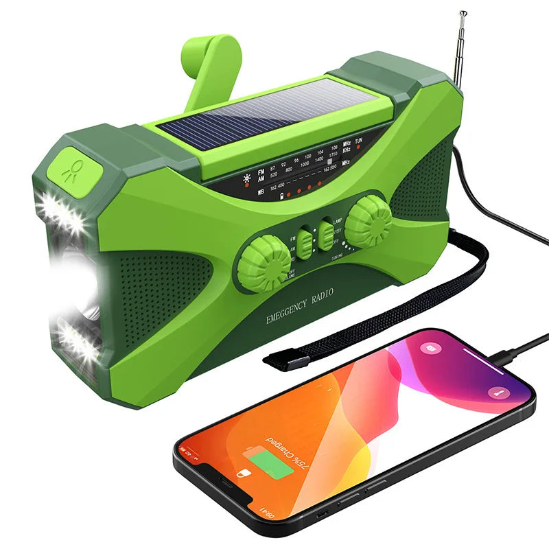 10000mAh Emergency Solar Hand Crank Weather Radio with Dual Stereo Speakers, Phone Charger, LED Flashlight & SOS Alert