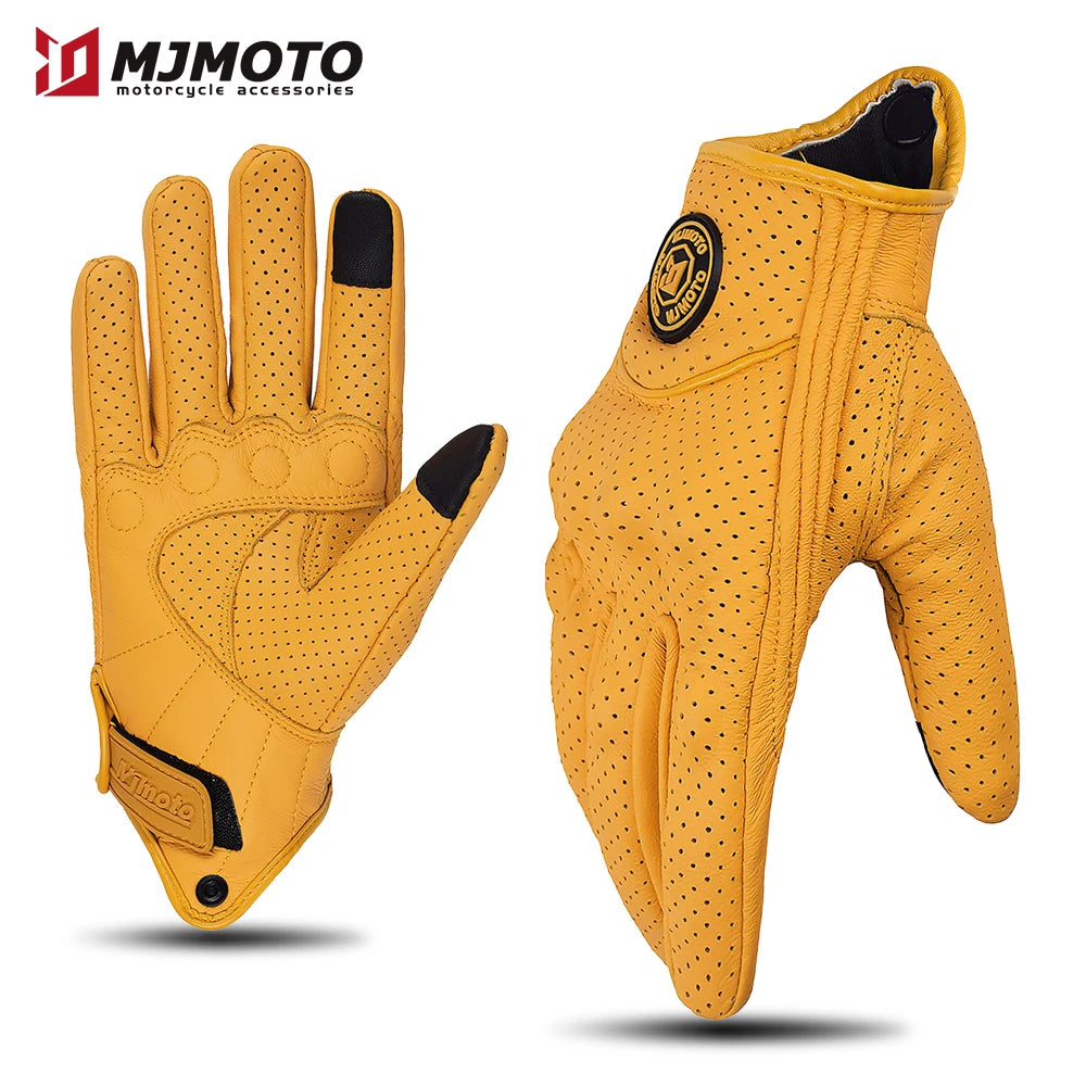 Retro Perforated Leather Motorcycle Gloves - Touchscreen & Knuckle Protection