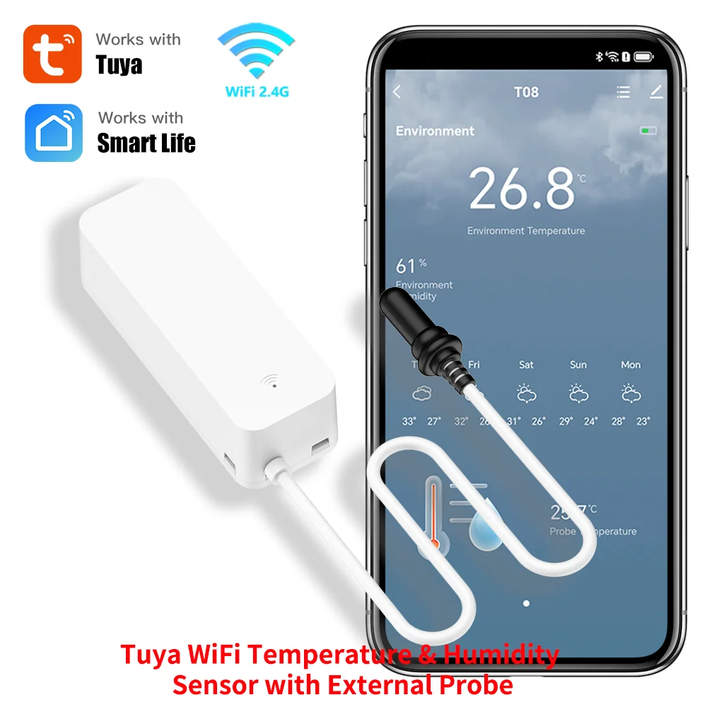 WiFi Smart Temperature & Humidity Sensor with External Probe – Compatible with Tuya, Alexa & Google Home
