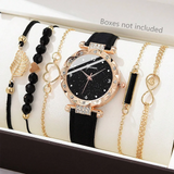 6-Piece Women's Watch Set – Luxury Leather Strap, Quartz Movement, Fashion Bracelets