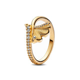 Anillo de plata 925 chapado en oro nuevo 2024 con circonita brillante y doble banda en forma de corazón para mujer, anillo Pandor original, joyería fina