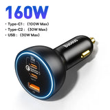 Cargador rápido para coche de 160 W: adaptador de carga rápida triple USB-C y USB-A