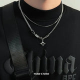 💎 Collar de doble capa con estrella de circonita estilo hip hop: cadena colgante de acero de titanio de moda para hombres y mujeres 💎