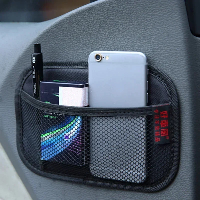 Car Mesh Storage Net Organizer – Oxford Fabric Leather Pocket for Phones, Keys & Coins