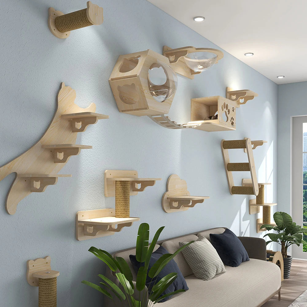 Wall-Mounted Cat Tree with Scratching Post & Hammock - Space-Saving Climbing Furniture